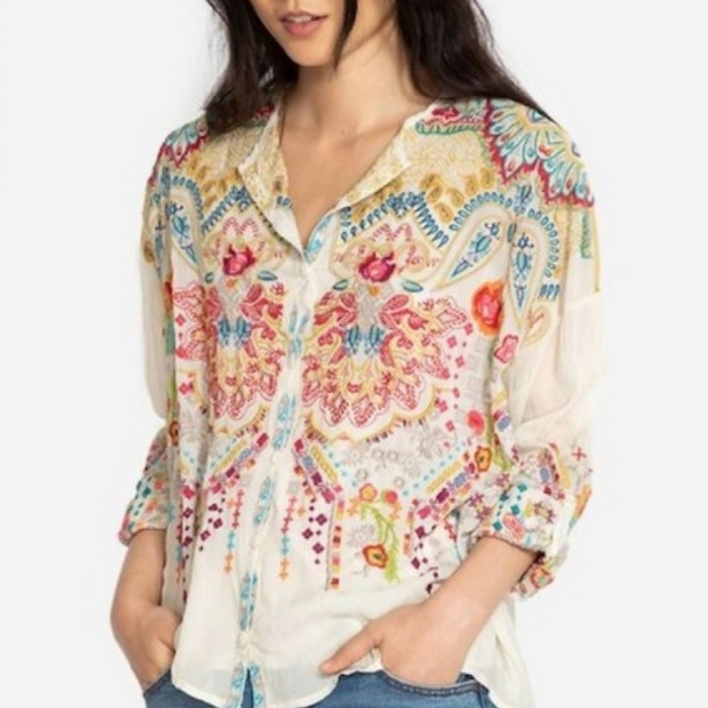 Johnny Was Valley Embroidered Blouse Button Down XS